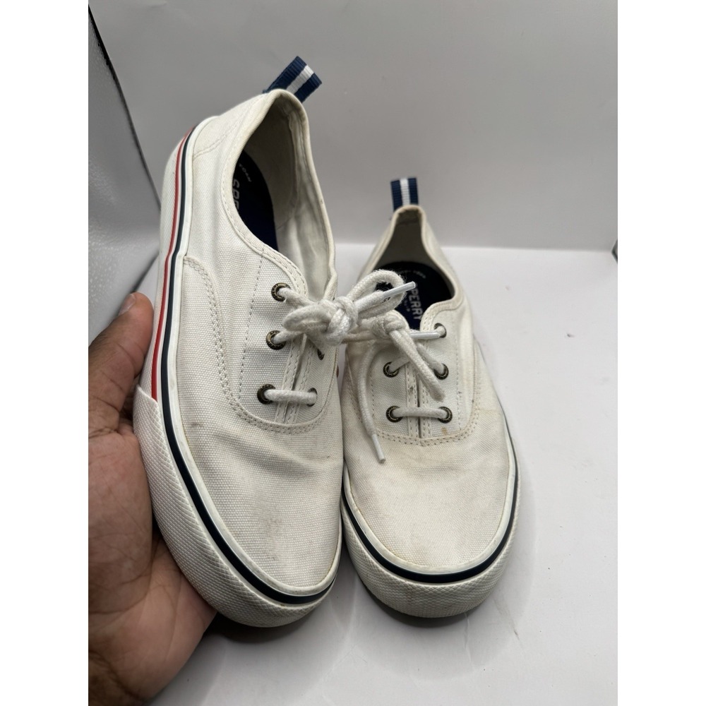 Sperry Top Sider Womens 9 White Canvas Lace Up Sneakers Red Blue Trim STS84828